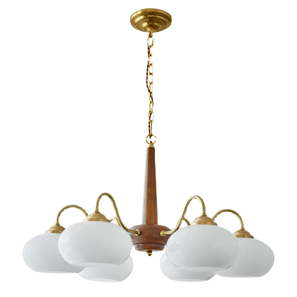 Black walnut brass chandelier with close-up of the light source and diffusion.