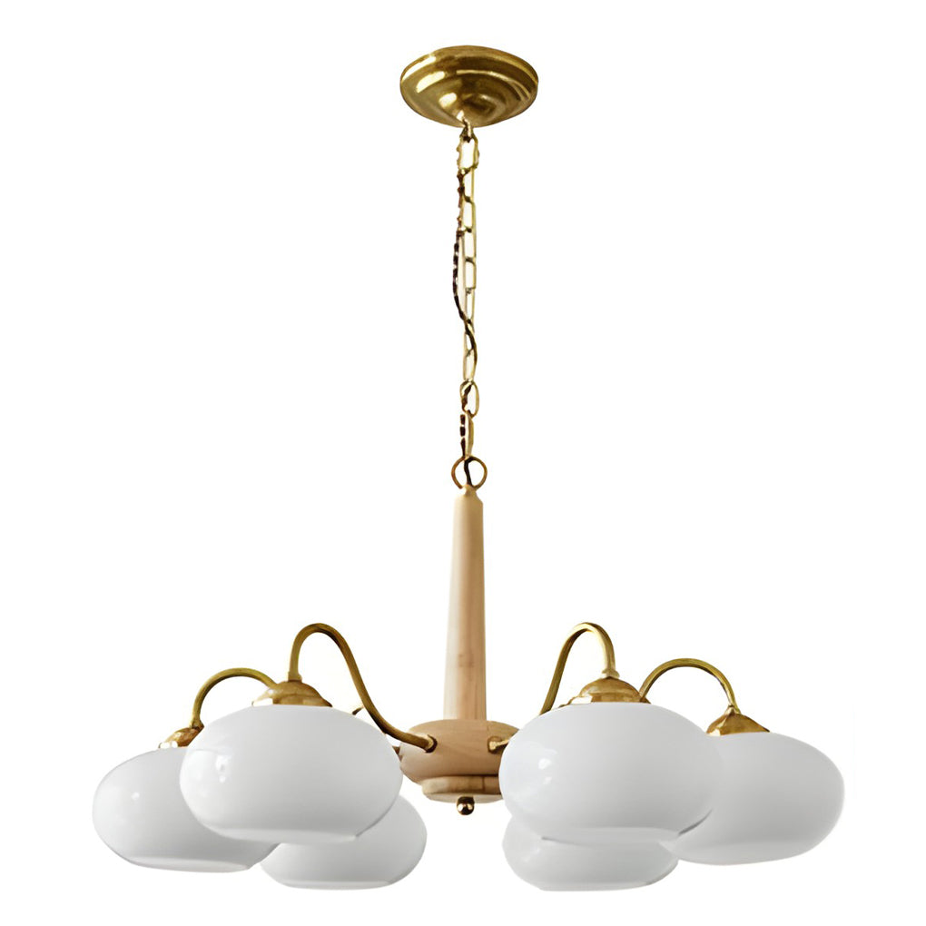 Black walnut brass chandelier with technical view of the mounting and wiring.