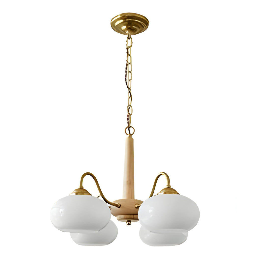 Black walnut brass chandelier with side view showing depth and structure.
