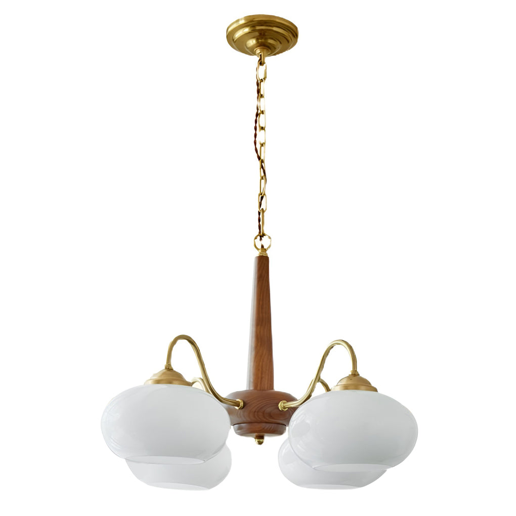 Black walnut brass chandelier with top view highlighting unique vintage design.