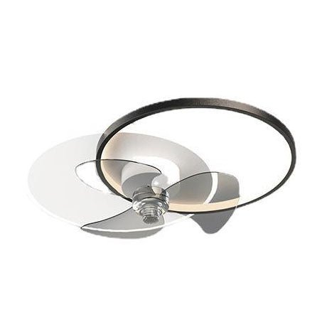 Black and white ceiling fan with LED light isolated on white background.