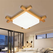 Square Rustic Wood Dimmable LED Modern Flush Mount Ceiling Light