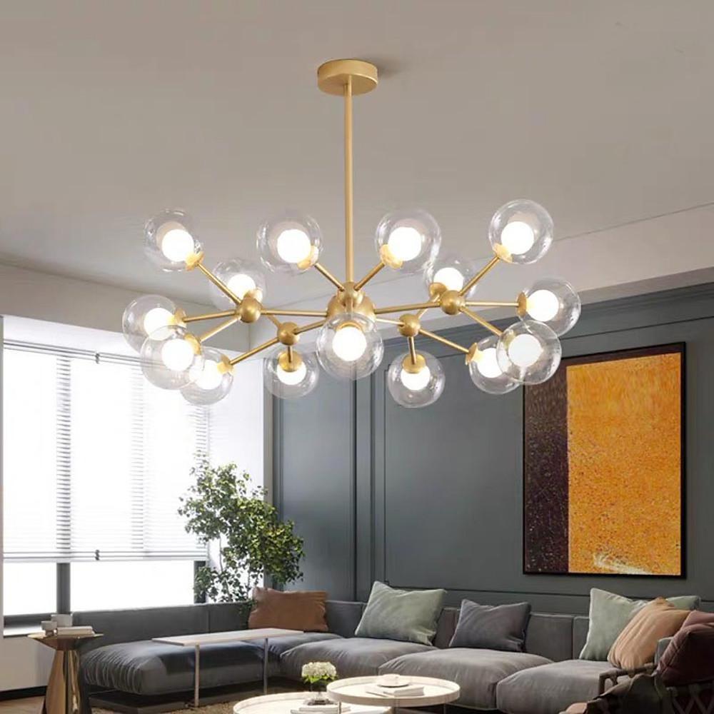 Mid century modern interior styled with a brass glass sputnik light as a statement ceiling fixture.