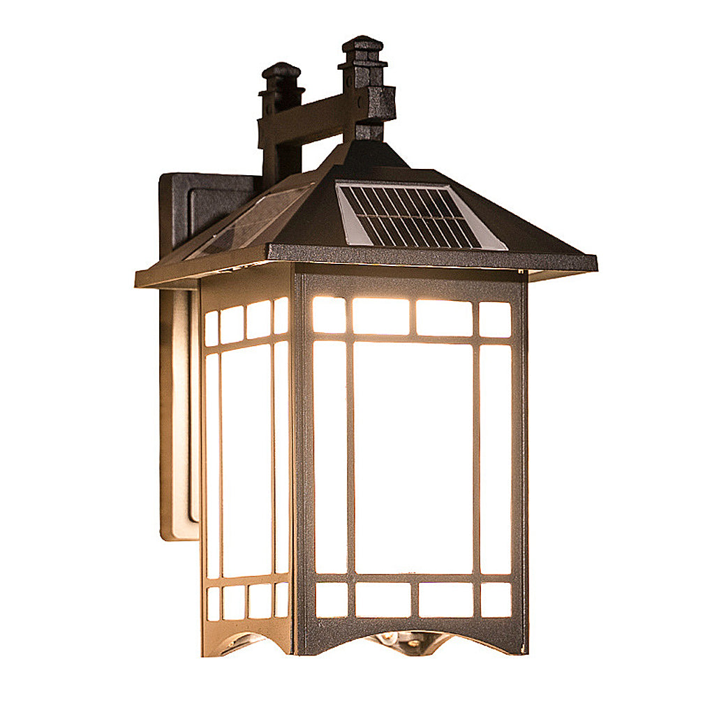 Lantern wall sconce with bronze frame and frosted glass panels for classic outdoor lighting.