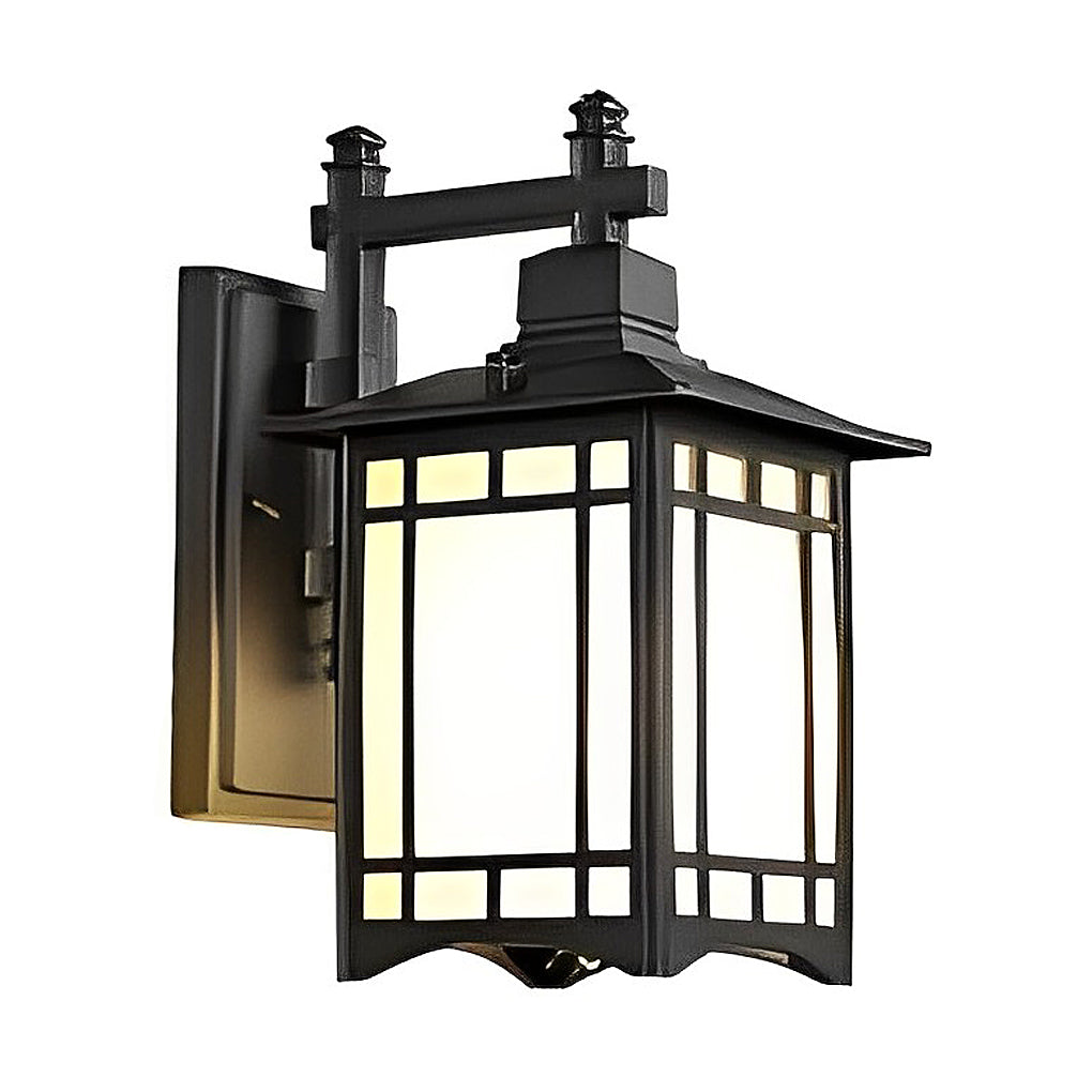 Lantern wall sconce with bronze frame and frosted glass panels on outdoor wall.