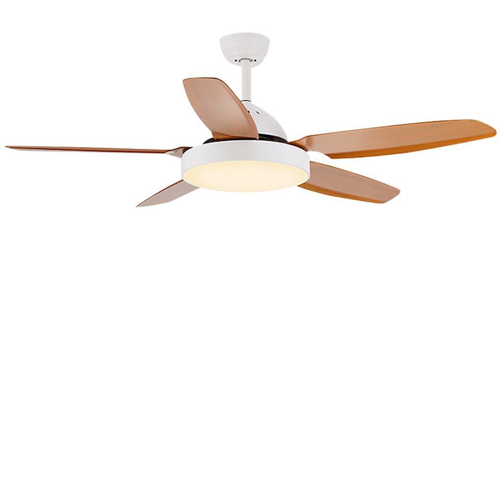 Brown ceiling fan with light, close-up of the wooden blades and light fixture.