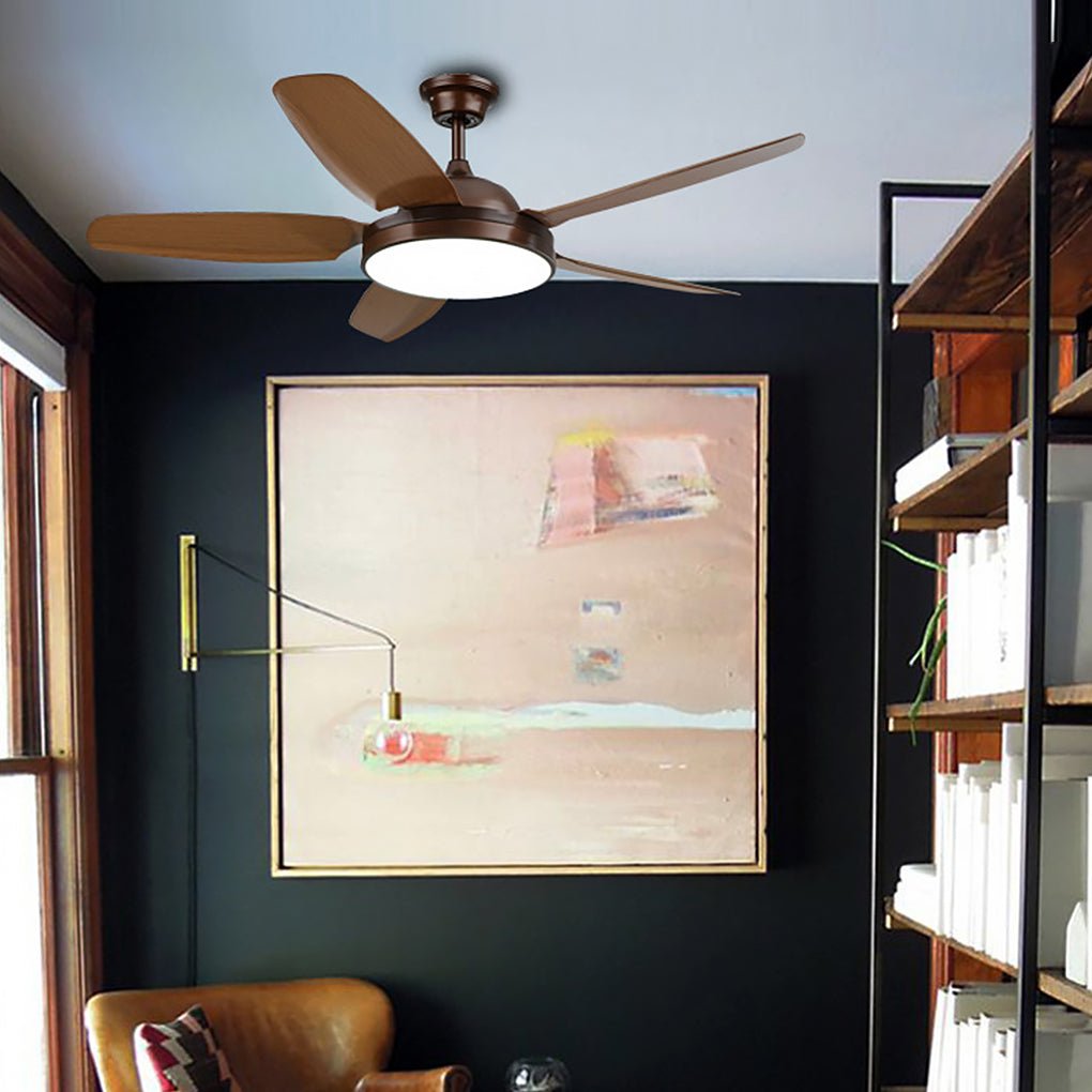 Brown ceiling fan with light in a modern living room with large windows.