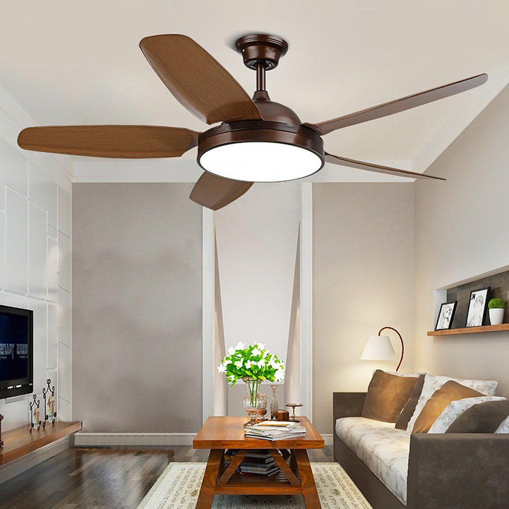 Brown ceiling fan with light casting a warm glow in a modern home office.