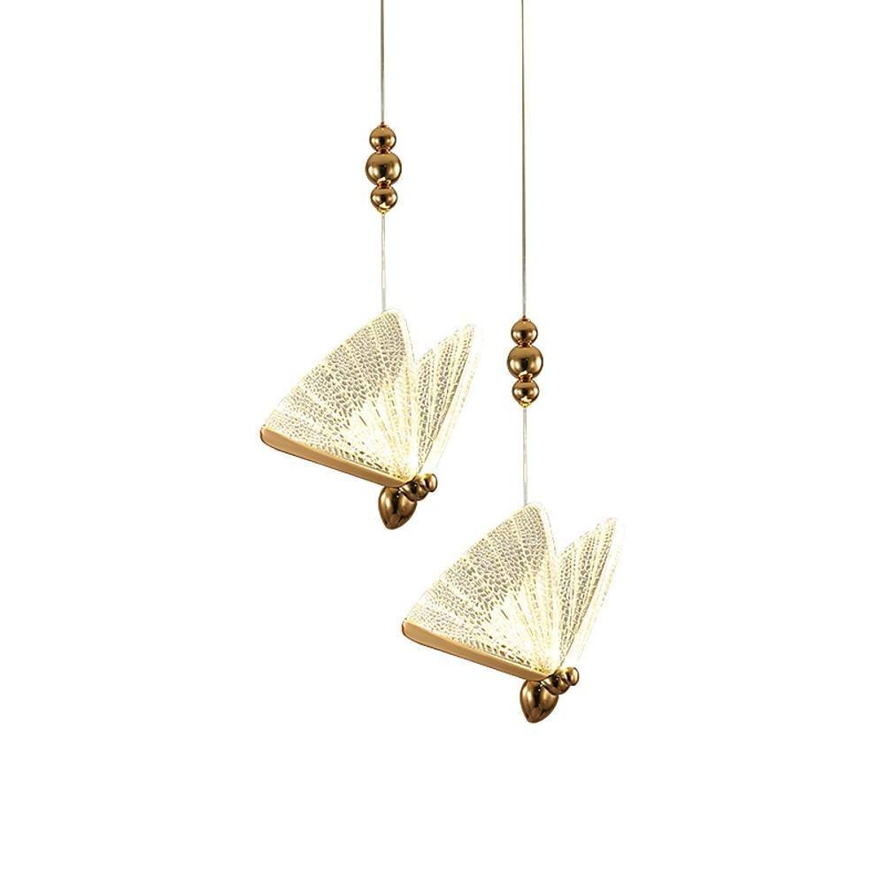 Butterfly pendant light isolated on white background showing full hanging design.