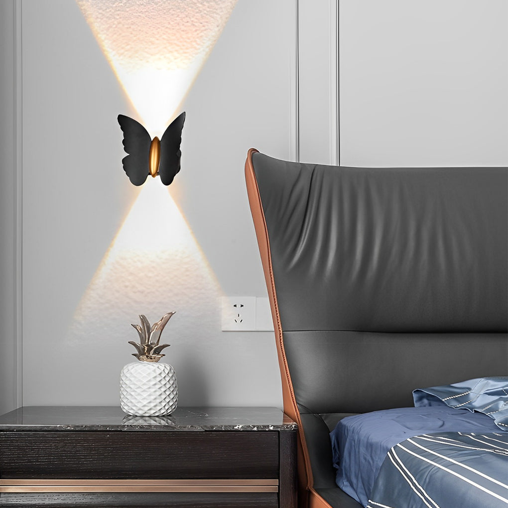 Butterfly wall lamp with close-up of its butterfly design and light output.
