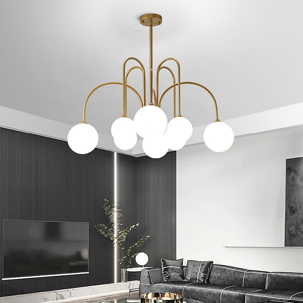 Sputnik Multi - light White Ball Glass Shade Pendant Lights Gold/Black Curved Linear Chandelier