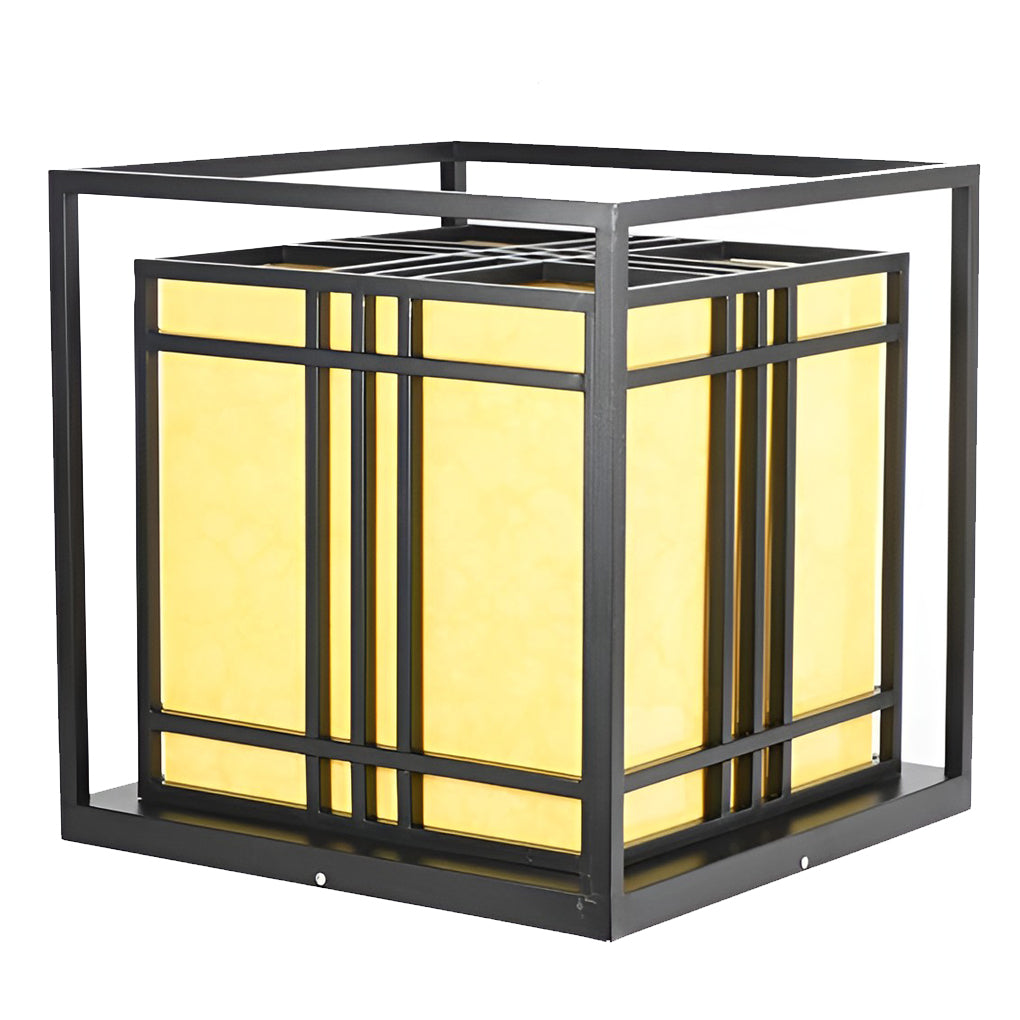 Caged pillar lights with technical view of their base and installation.