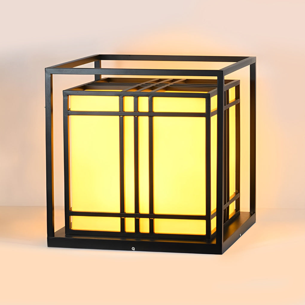 Caged pillar lights with top view highlighting unique design.