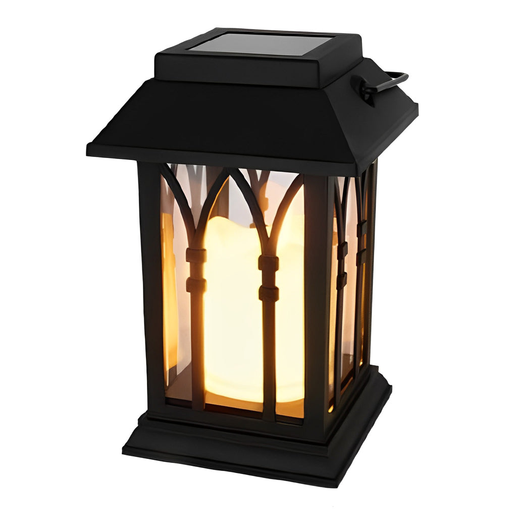 Candlestick lantern with black metal frame and handle.