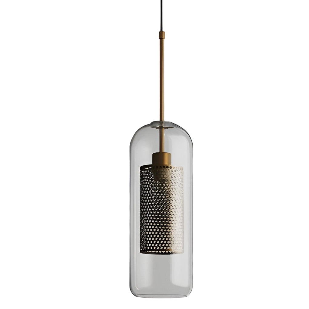 Capsule Clear Glass Globe Pendant light featuring a gold mesh cylinder on a white background.