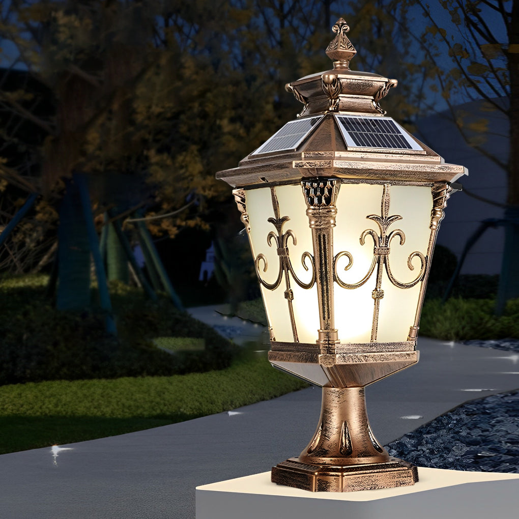 Cast aluminum post light featuring bronze detailing and frosted glass, mounted on a concrete post.