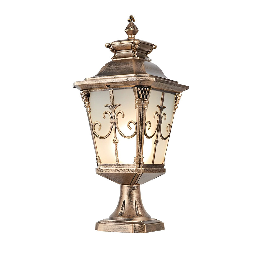 Cast aluminum post light with bronze finish and frosted glass, standing alone against a dark background.