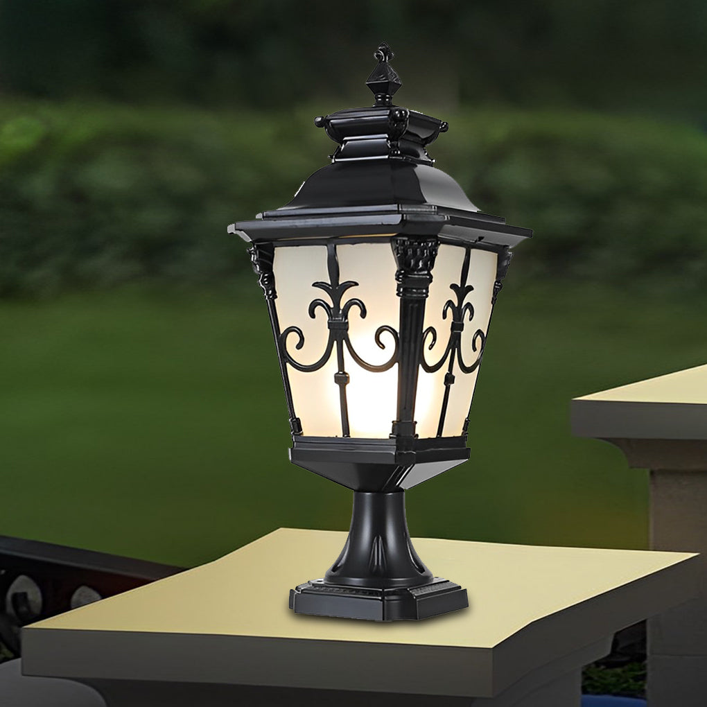 Cast aluminum post light in bronze, featuring intricate designs and frosted glass for a timeless outdoor look.