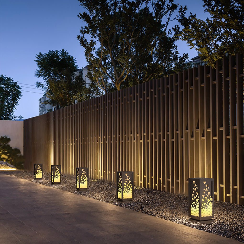 Rectangular Resin and Steel Garden Light with Carved Floral Lampshade