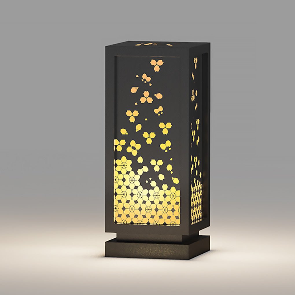 Rectangular Resin and Steel Garden Light with Carved Floral Lampshade