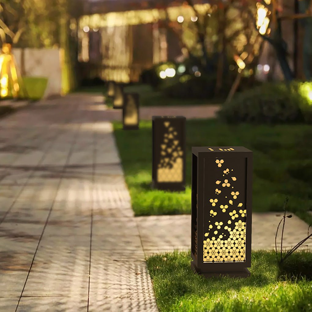 Rectangular Resin and Steel Garden Light with Carved Floral Lampshade