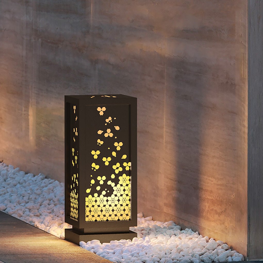 Rectangular Resin and Steel Garden Light with Carved Floral Lampshade