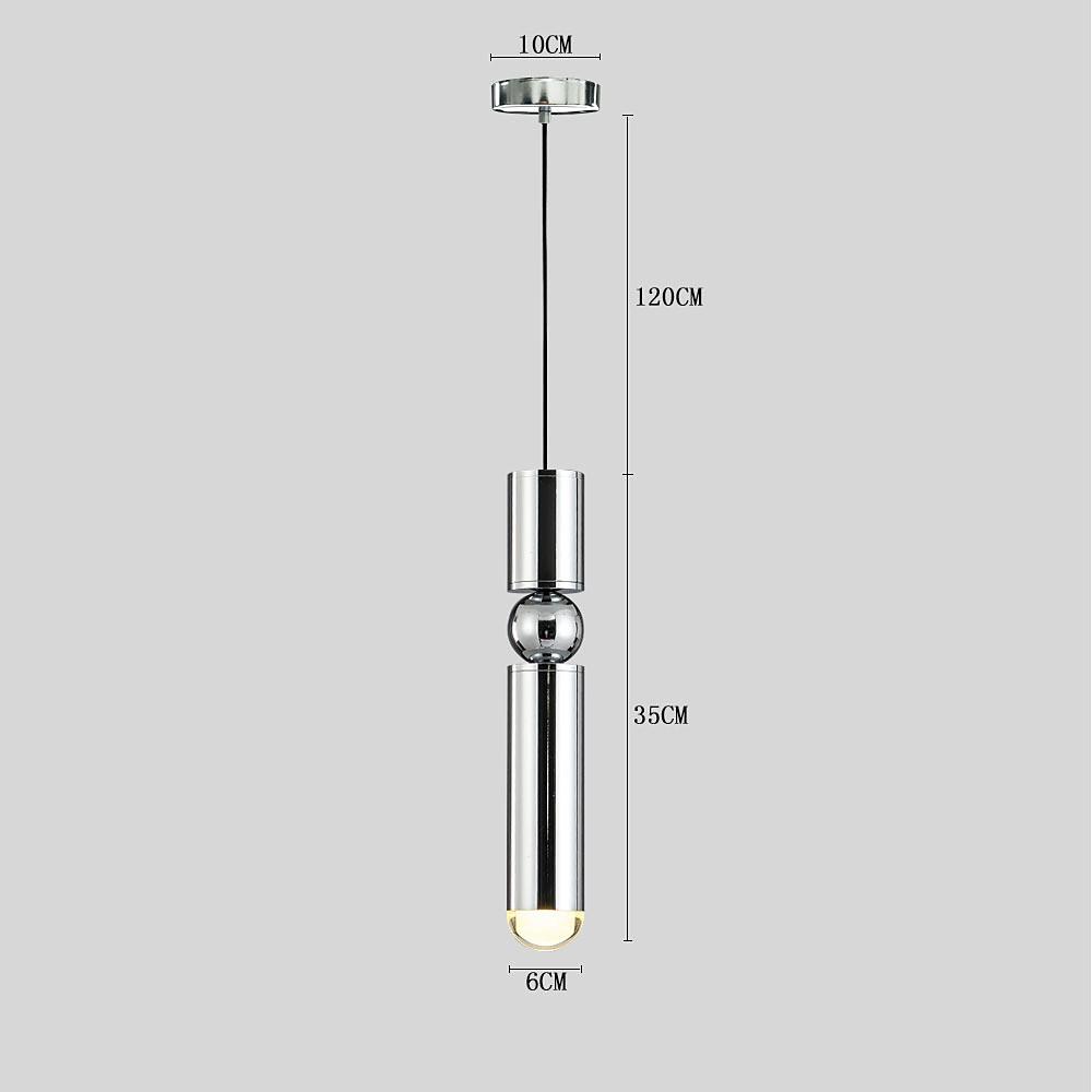 Chrome cylinder pendant light dimensions chart showing a 120cm cord and 35cm sleek silver body.