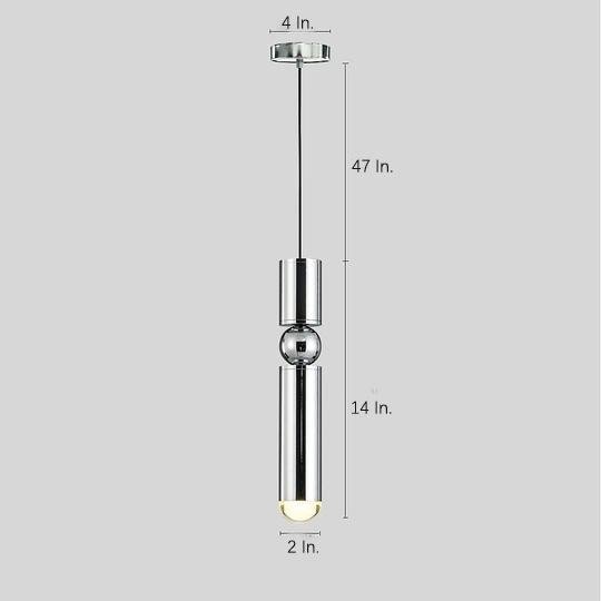 Chrome cylinder pendant light size chart in inches with a 47 in. cord and 14 in. metallic body.