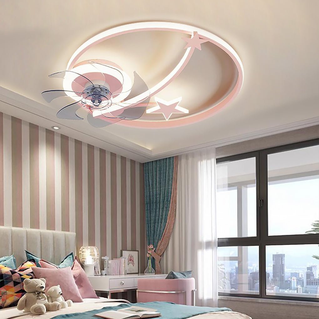 Unique Circle Stars Shaped Flush Mount Baby Kids Bedroom Ceiling Fans with Lights and Remote Control Modern Ceiling Fans Light Kit with Chandelier - Dazuma