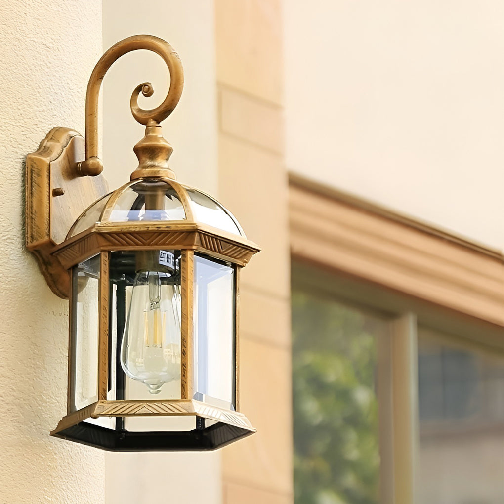 Classic outdoor wall lanterns with close-up of ornate design and light output.