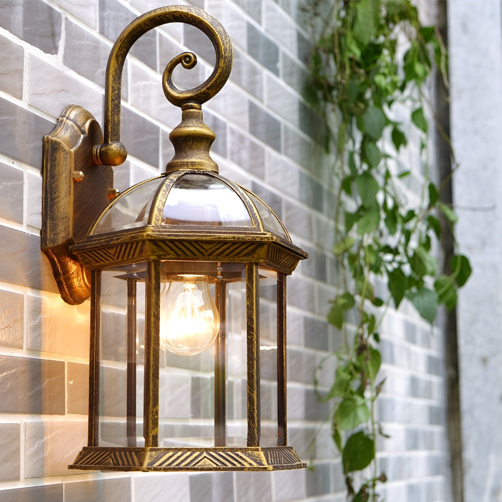 Classic outdoor wall lanterns illuminating a rustic outdoor wall with focused glow.