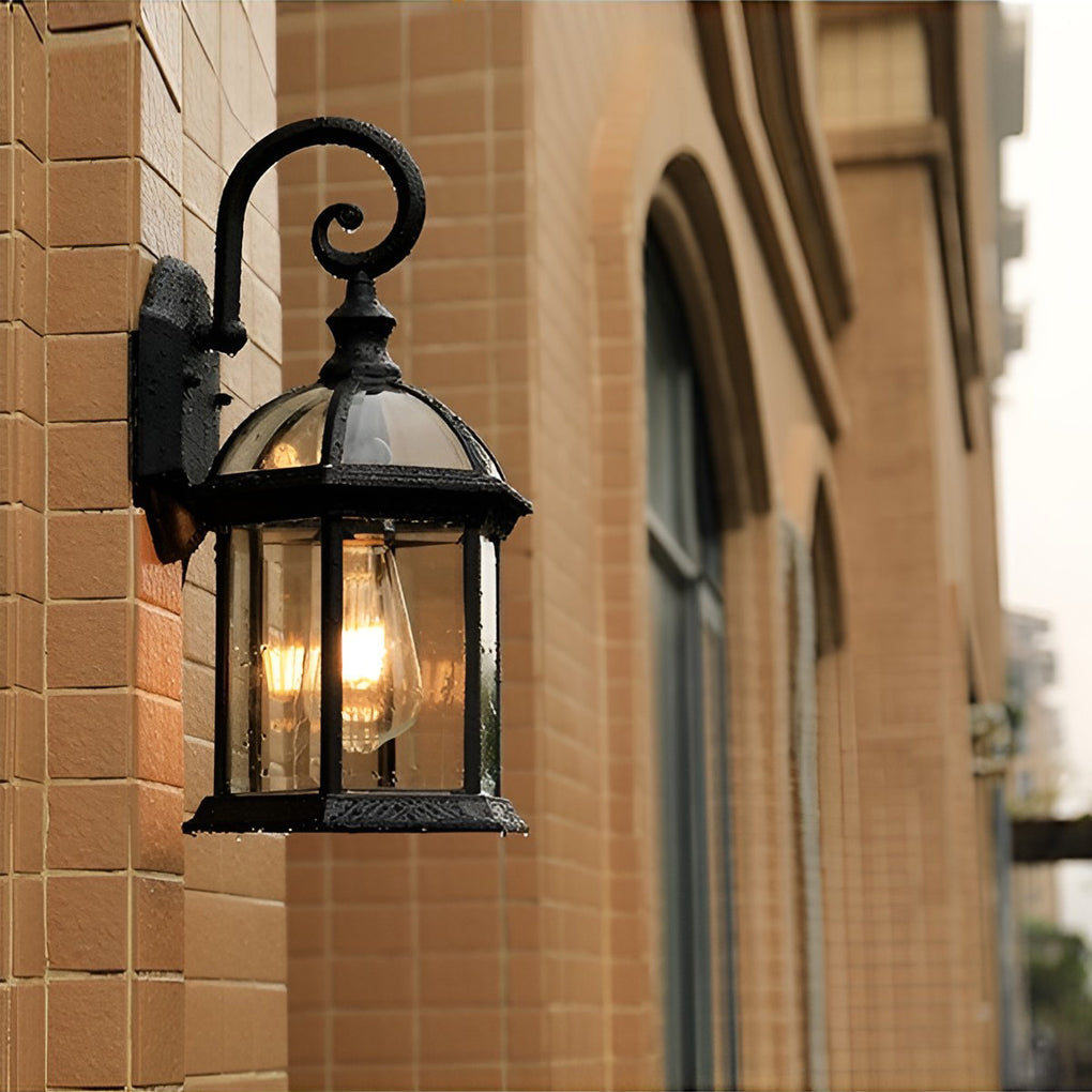 Classic outdoor wall lanterns enhancing a traditional house facade with warm light.
