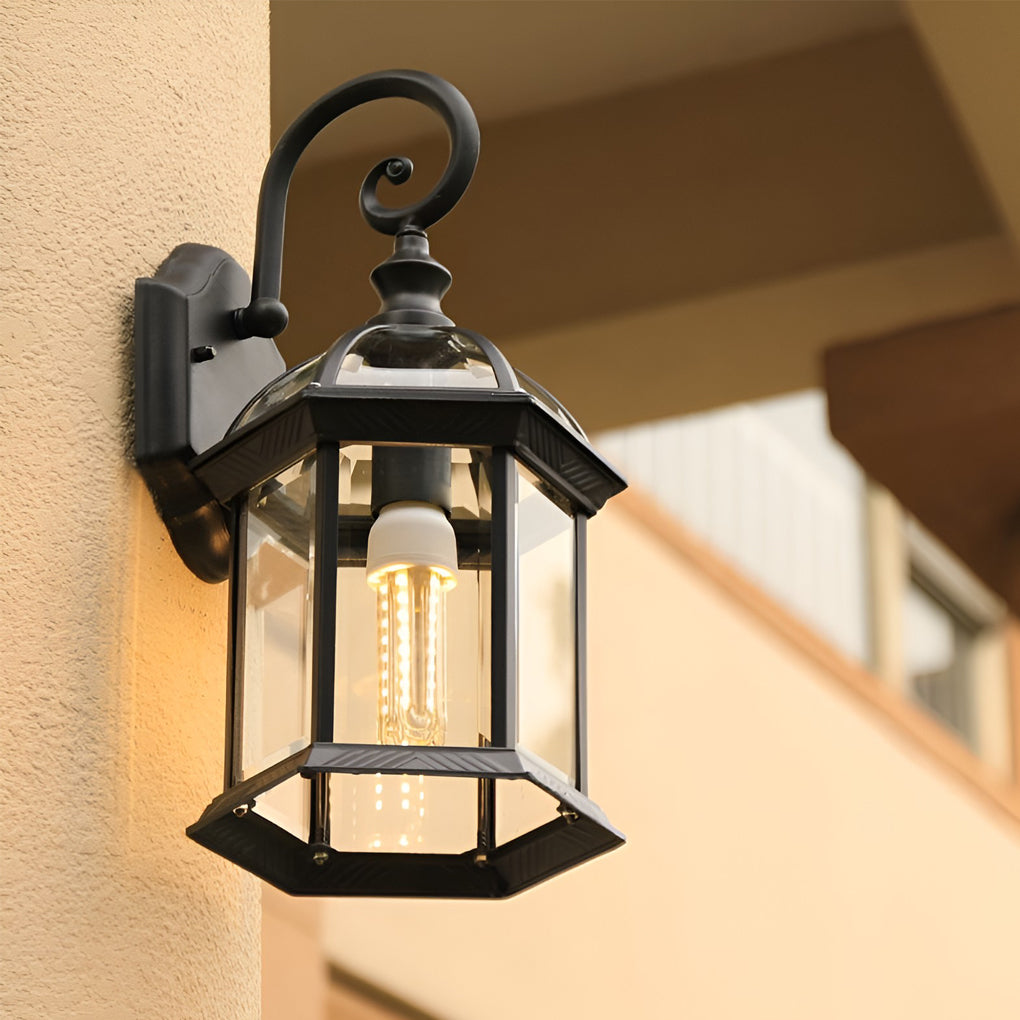 Classic outdoor wall lanterns providing elegant illumination for a vintage-style entrance.