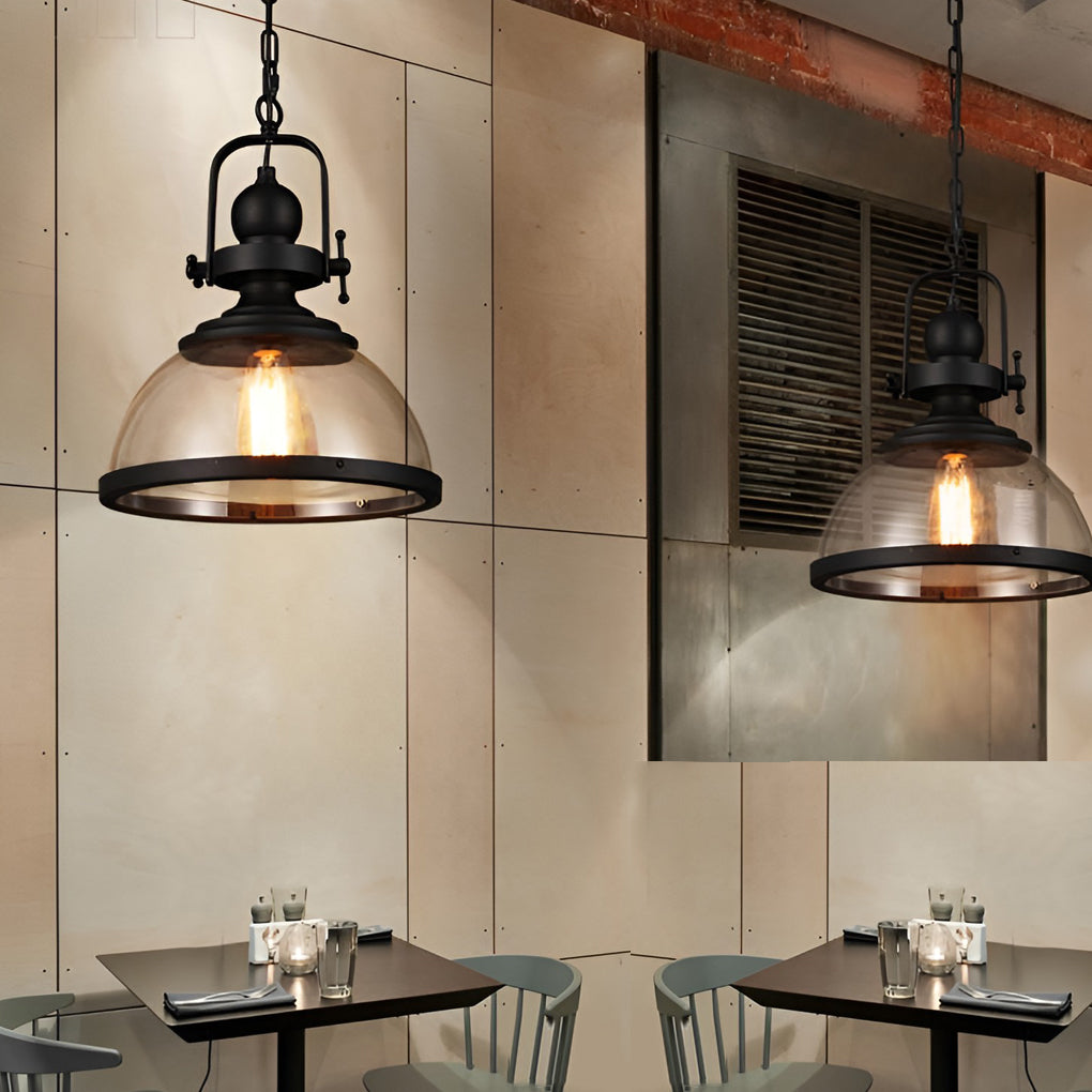 Clear glass pendant lighting installed in cafe setting