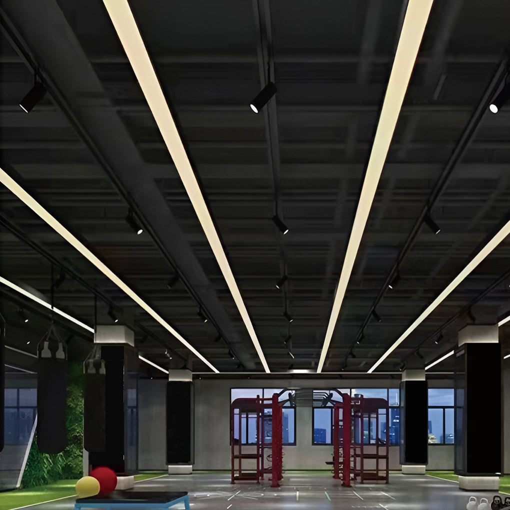 Commercial linear pendant lighting suspended from an industrial style ceiling