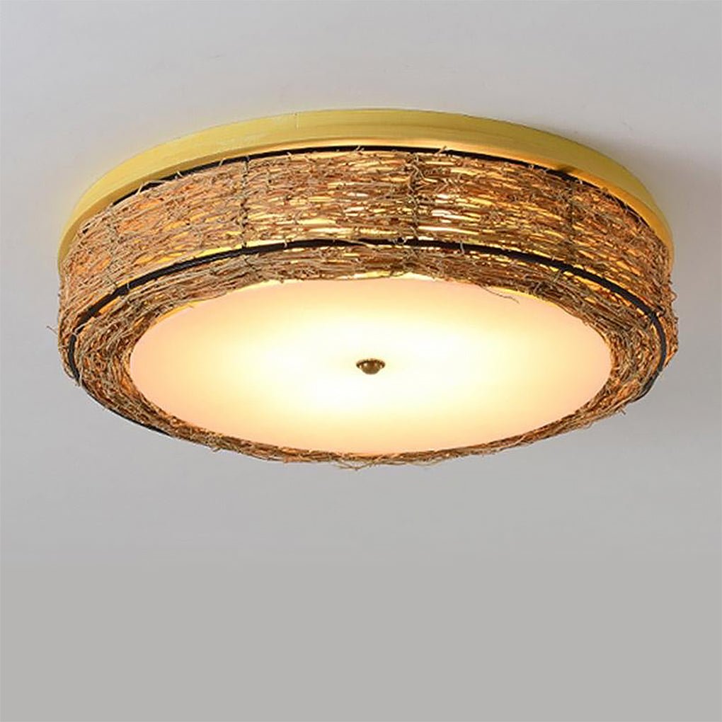 Compact Flush Mount Lighting Covered In Burly wood Wicker - Dazuma