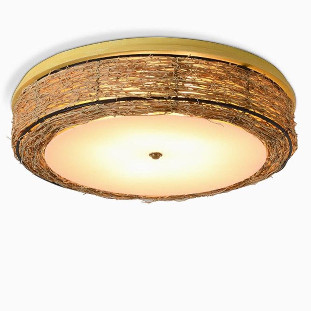 Compact Flush Mount Lighting Covered In Burly wood Wicker - Dazuma