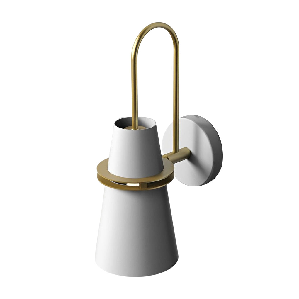 Detail shot of cone wall lamp metal ring accent with brushed gold finish.