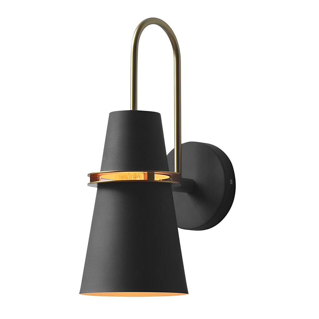 Black cone wall lamp product image highlighting curved brass stem and shade form.