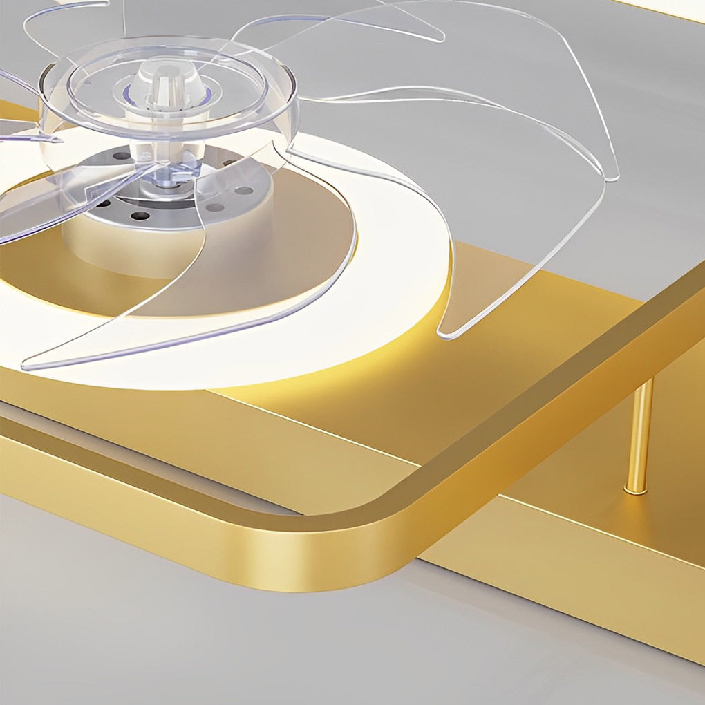 Contemporary dual head ceiling fan with LED light installed above sectional sofa.