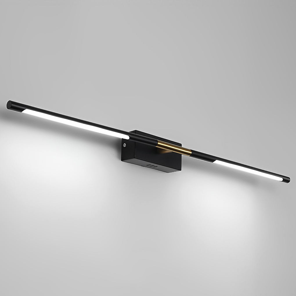 Contemporary vanity light bar with a close-up of the gold and black connection.