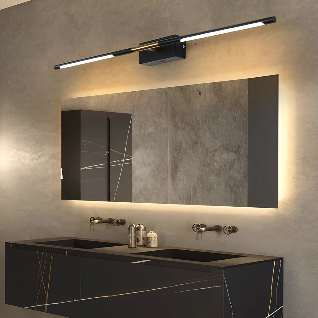 Contemporary vanity light bar illuminating a double sink vanity with ambient light.