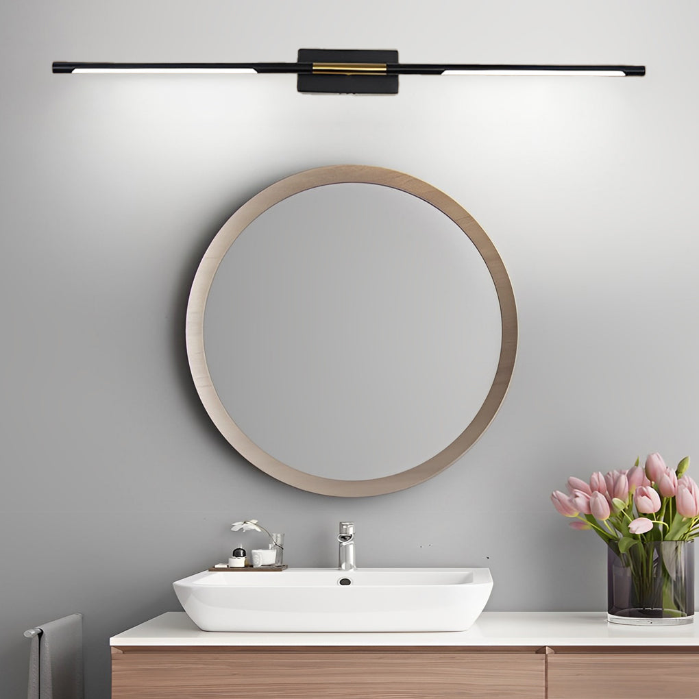 Contemporary vanity light bar casting a gentle glow in a stylish modern bathroom.