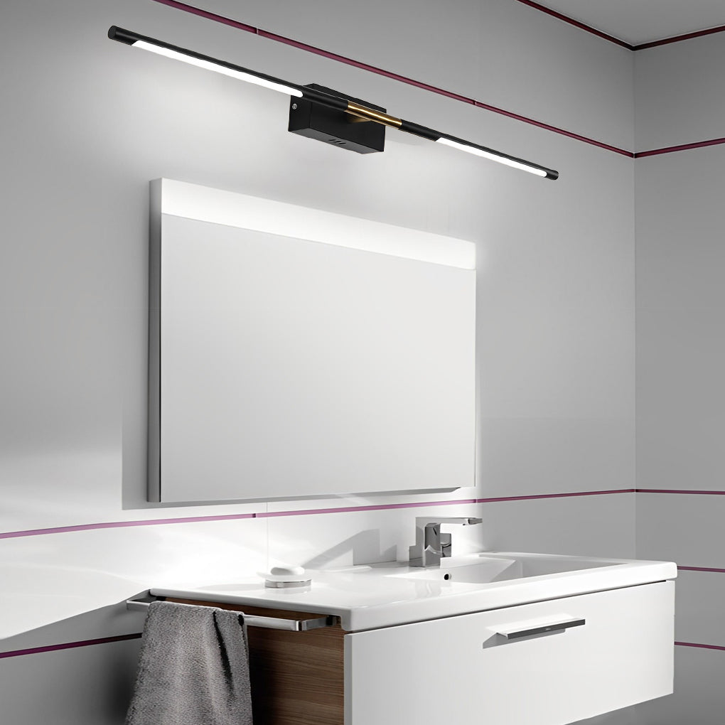 Contemporary vanity light bar providing warm light above a round bathroom mirror.