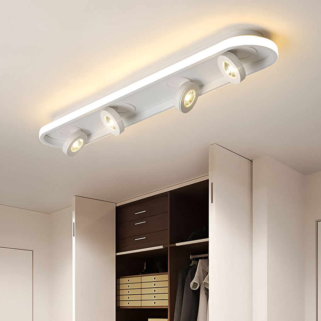Linear corridor ceiling light with adjustable spotlight heads
