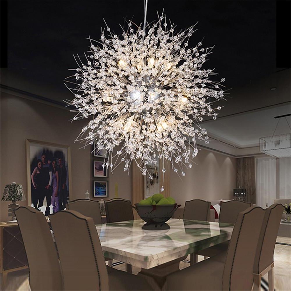 Crystal dandelion chandelier enhancing a stylish dining area with intricate, dandelion-inspired design.
