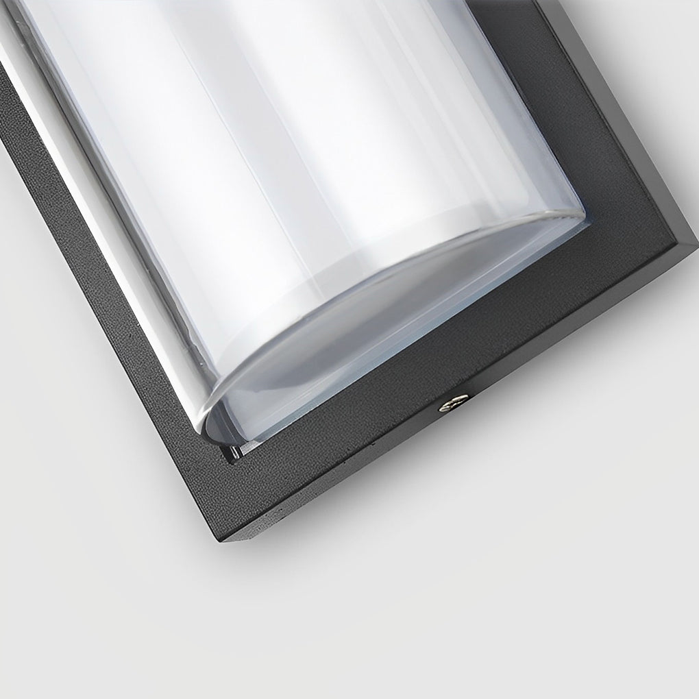 Black outdoor wall light with curved frosted glass on exterior wall.