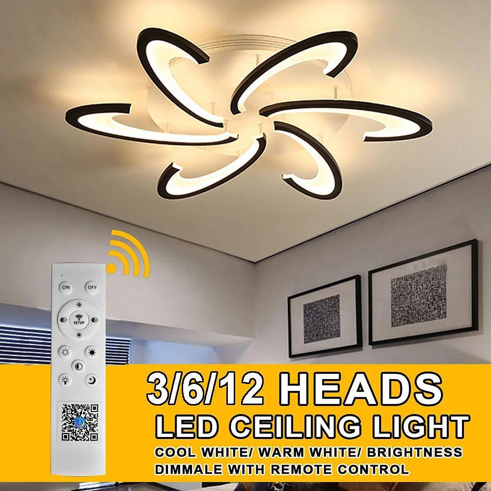 Curved LED ceiling light with remote control and smart lighting features.