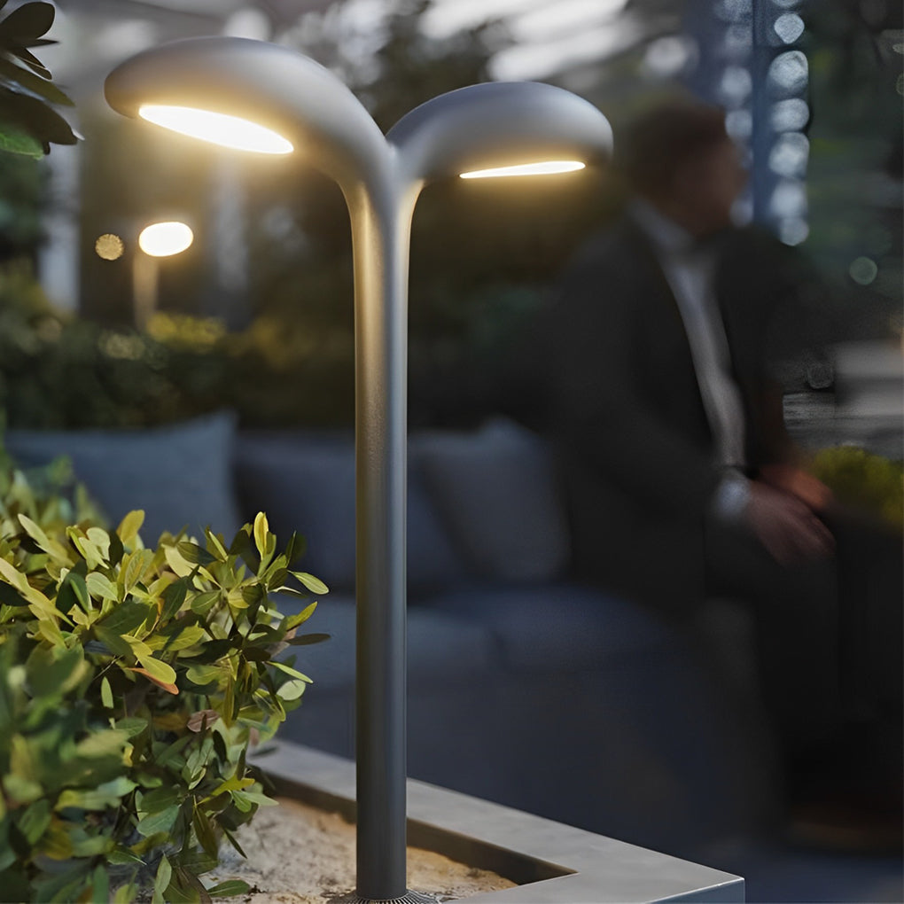 Curved path light enhancing a modern outdoor garden with warm light.