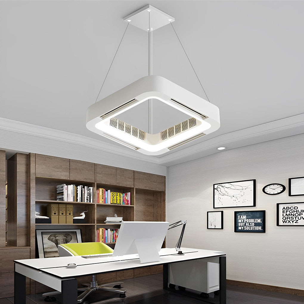 Low profile bladeless ceiling fan with light, close-up of curved edges and perforated design for ventilation